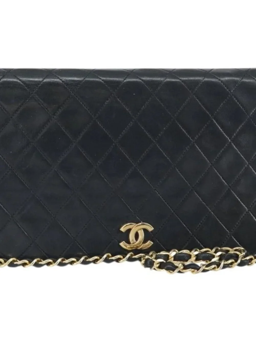 CHANEL Matelasse Chain Shoulder Bag Lamb Skin Black Gold CC
